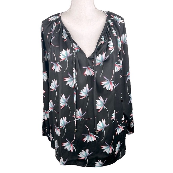 Jaclyn Smith Black Floral Boho V-Neck Long Sleeve Top Size XL - Picture 1 of 8